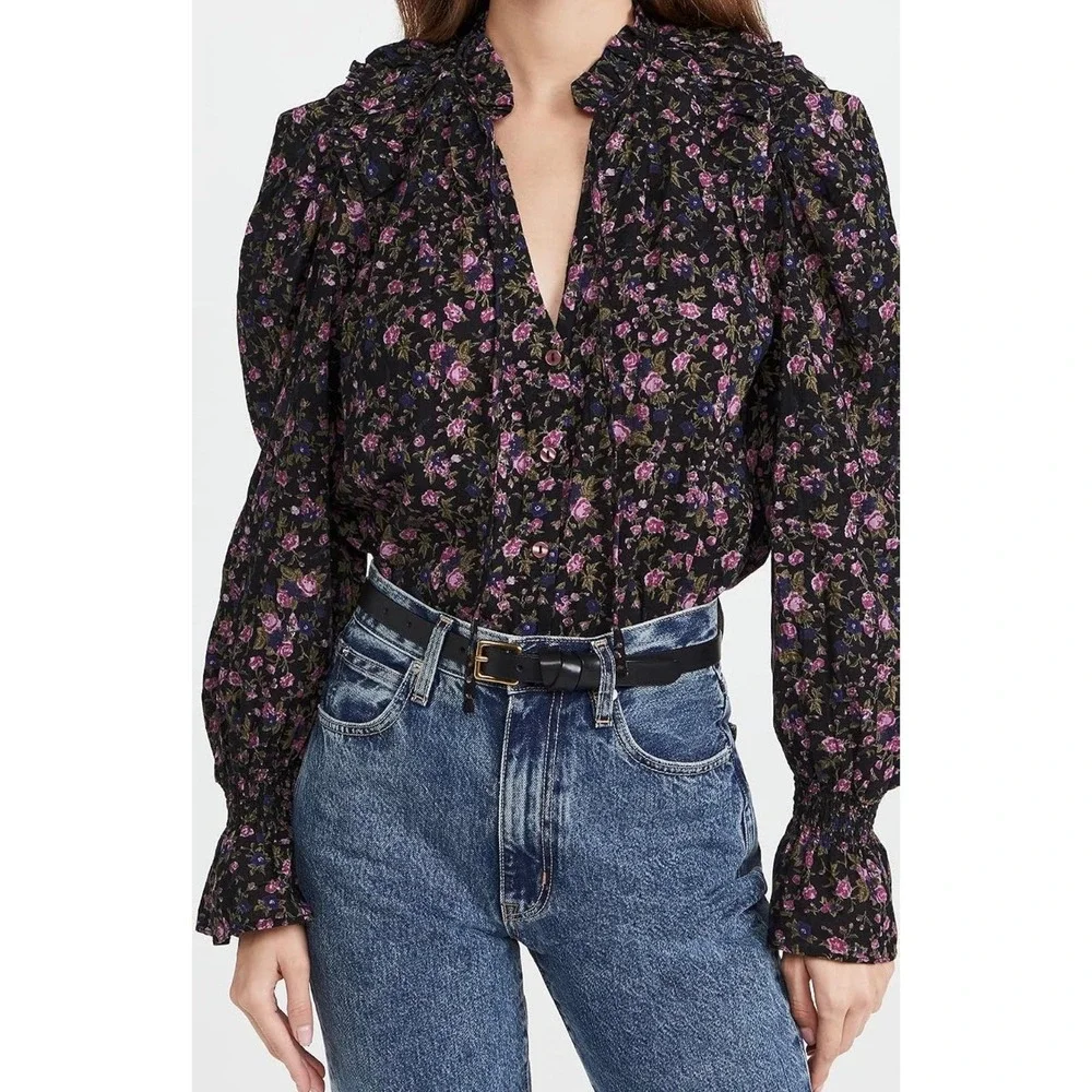 Free People Meant to Be Blouse Medium Black Floral Boho Romantic Puff Sleeve Top